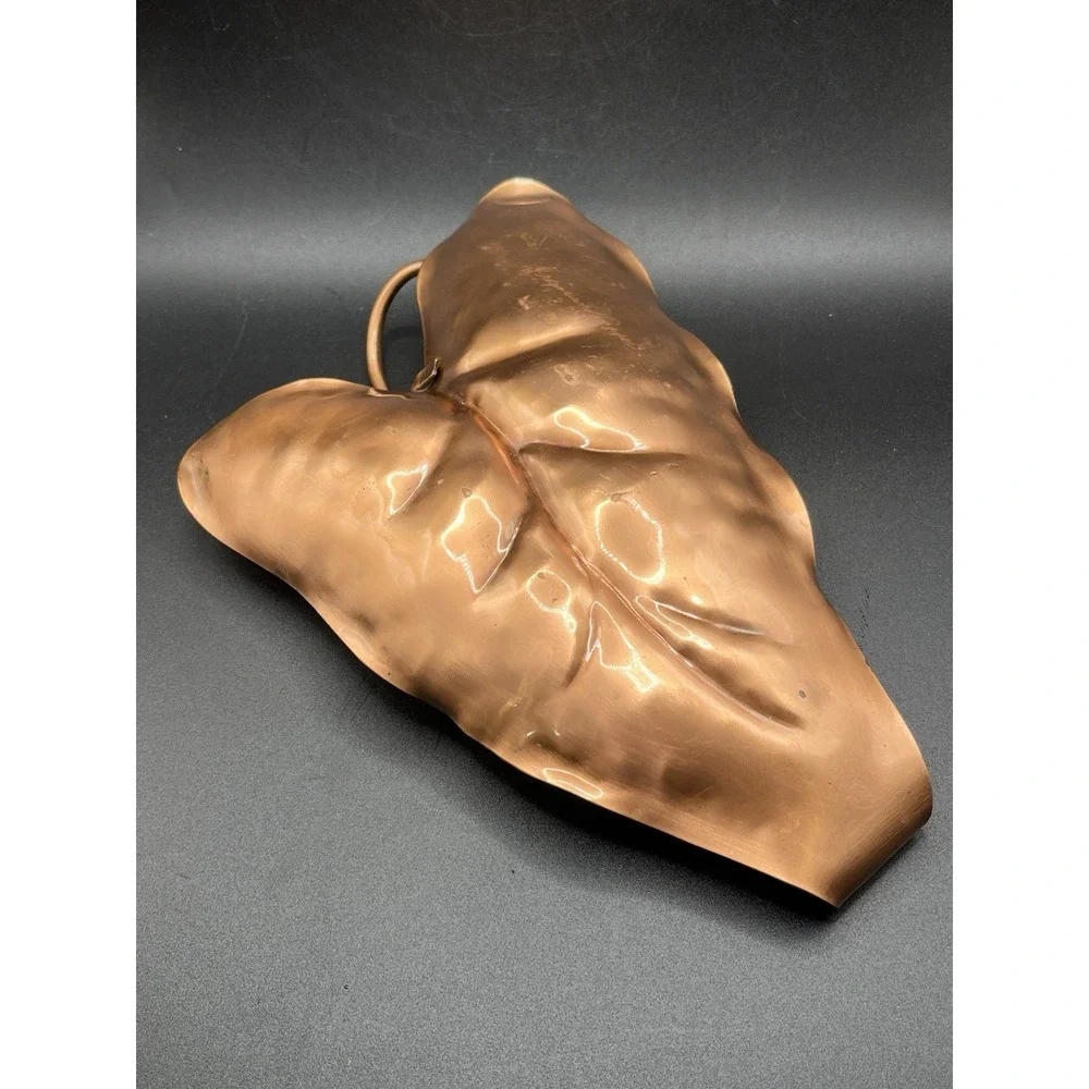 Gregorian Authentic Handmade Solid Copper Leaf Tray Twisted Handle‎ Vtg Decor